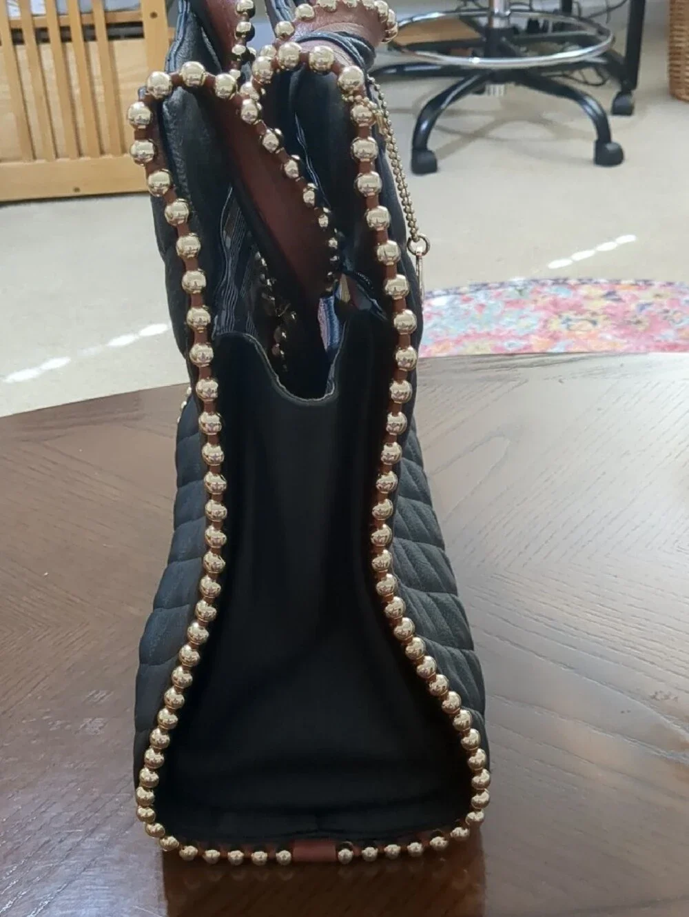 Big Buddha Black Quilted Vegan Leather Bag with Multicolor Geometric Lining